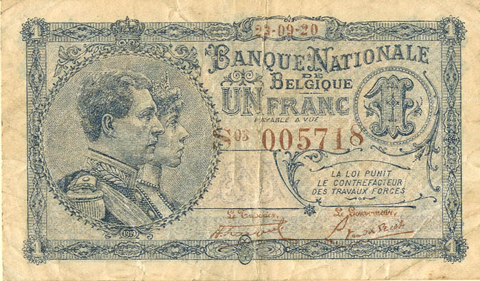 Belgium - 1 Franc - P-92 - 1920 dated Foreign Paper Money